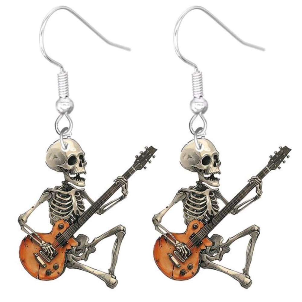 🎸HP! "Rockstar Skeleton' Playing Guitar Earrings New!